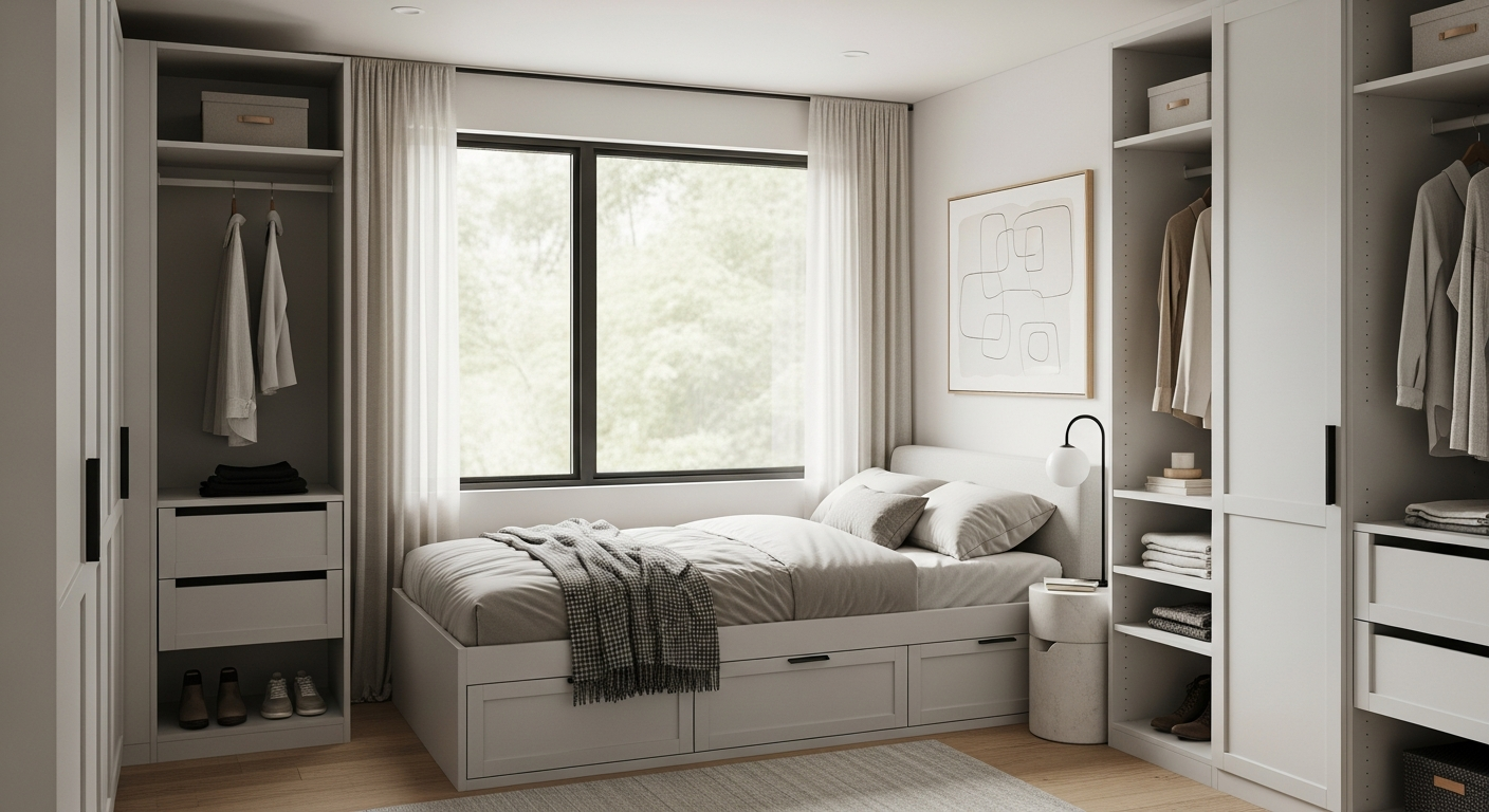 Space-saving ADU bedroom with built-in storage