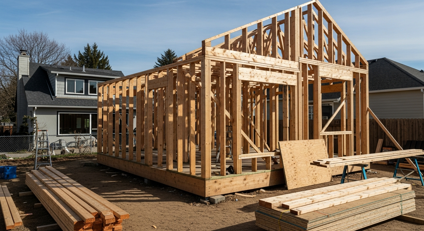ADU construction framing phase showing structural work