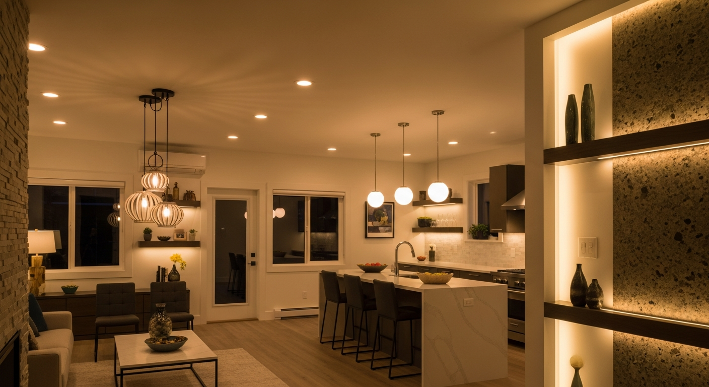 ADU interior with layered lighting design