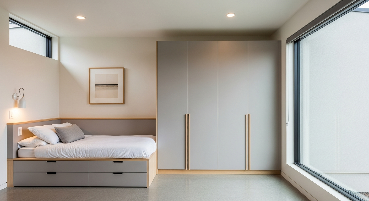Modern ADU bedroom with built-in storage and natural light