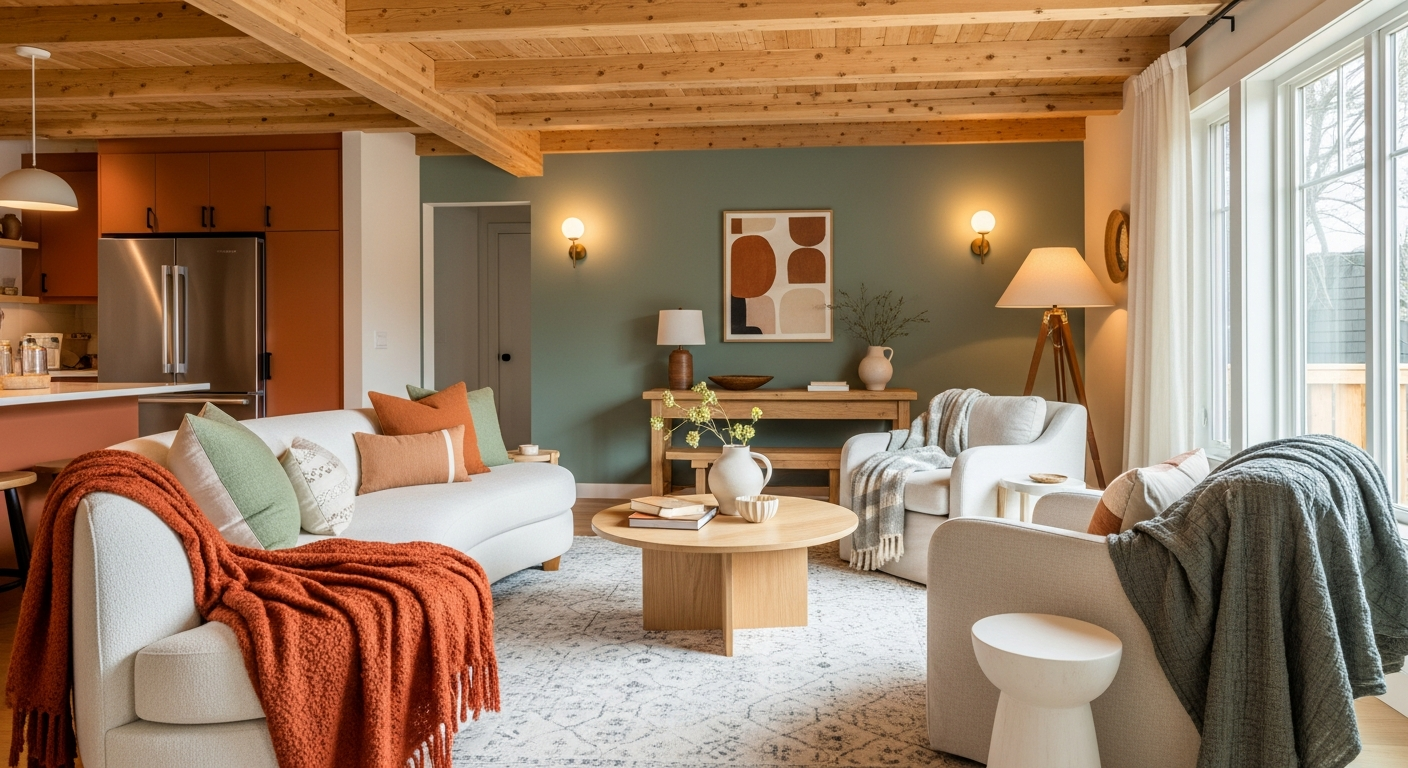 Warm modern ADU interior with natural wood accents