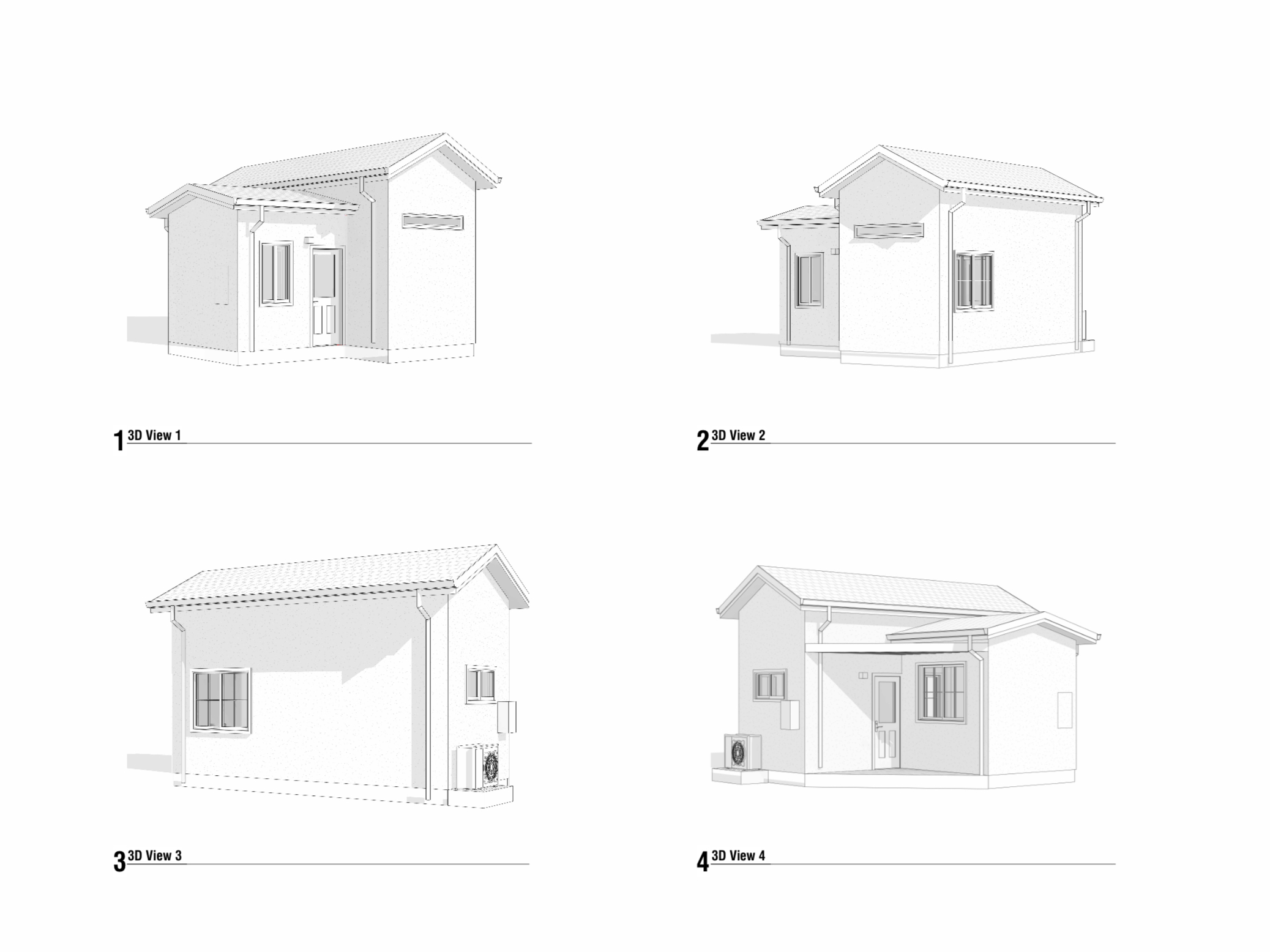 Four 3D perspective views of the 262 sq ft tiny house ADU from different angles