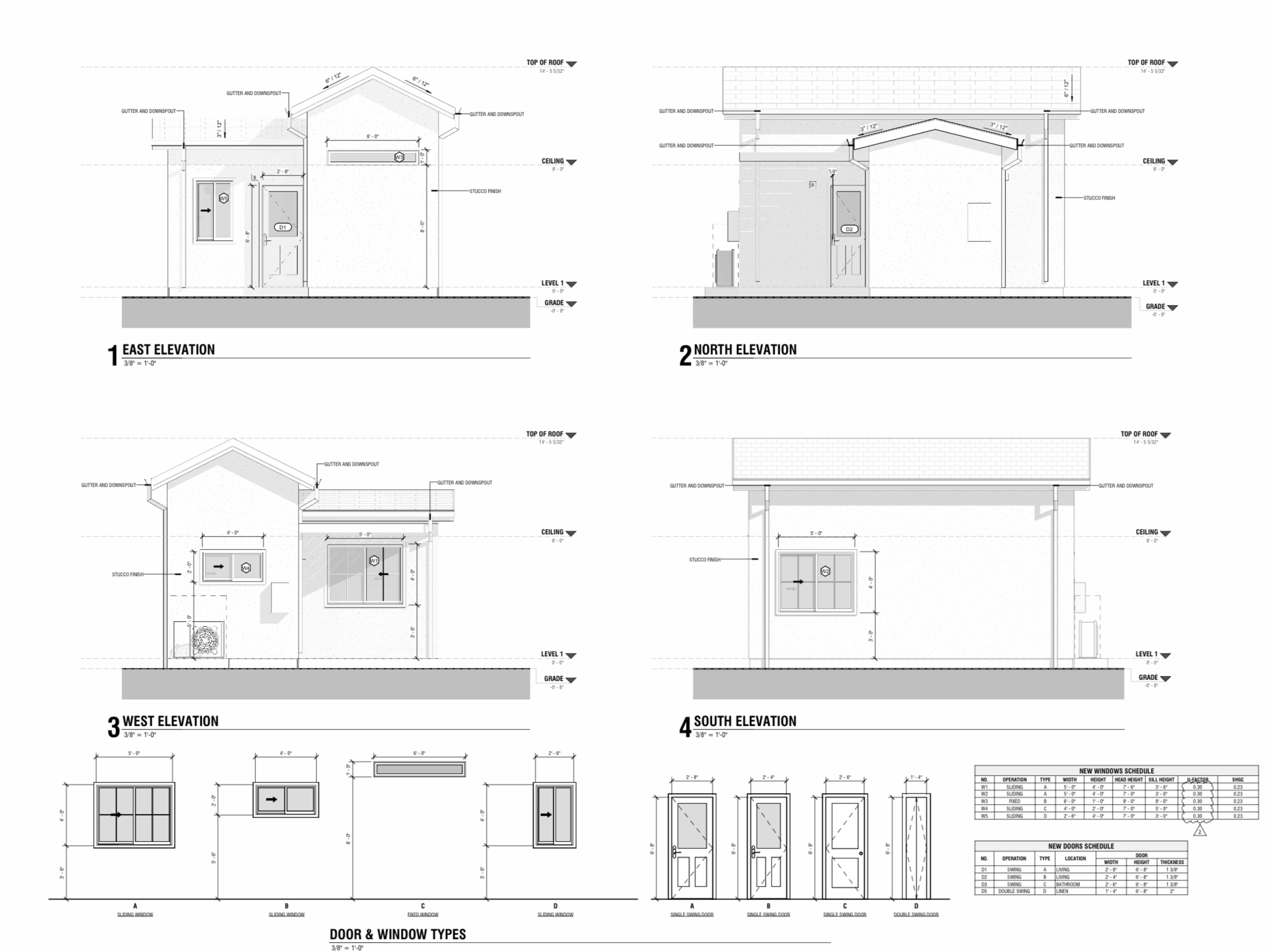 East, north, west, and south elevation drawings of the Kent WA tiny house ADU with door and window schedules