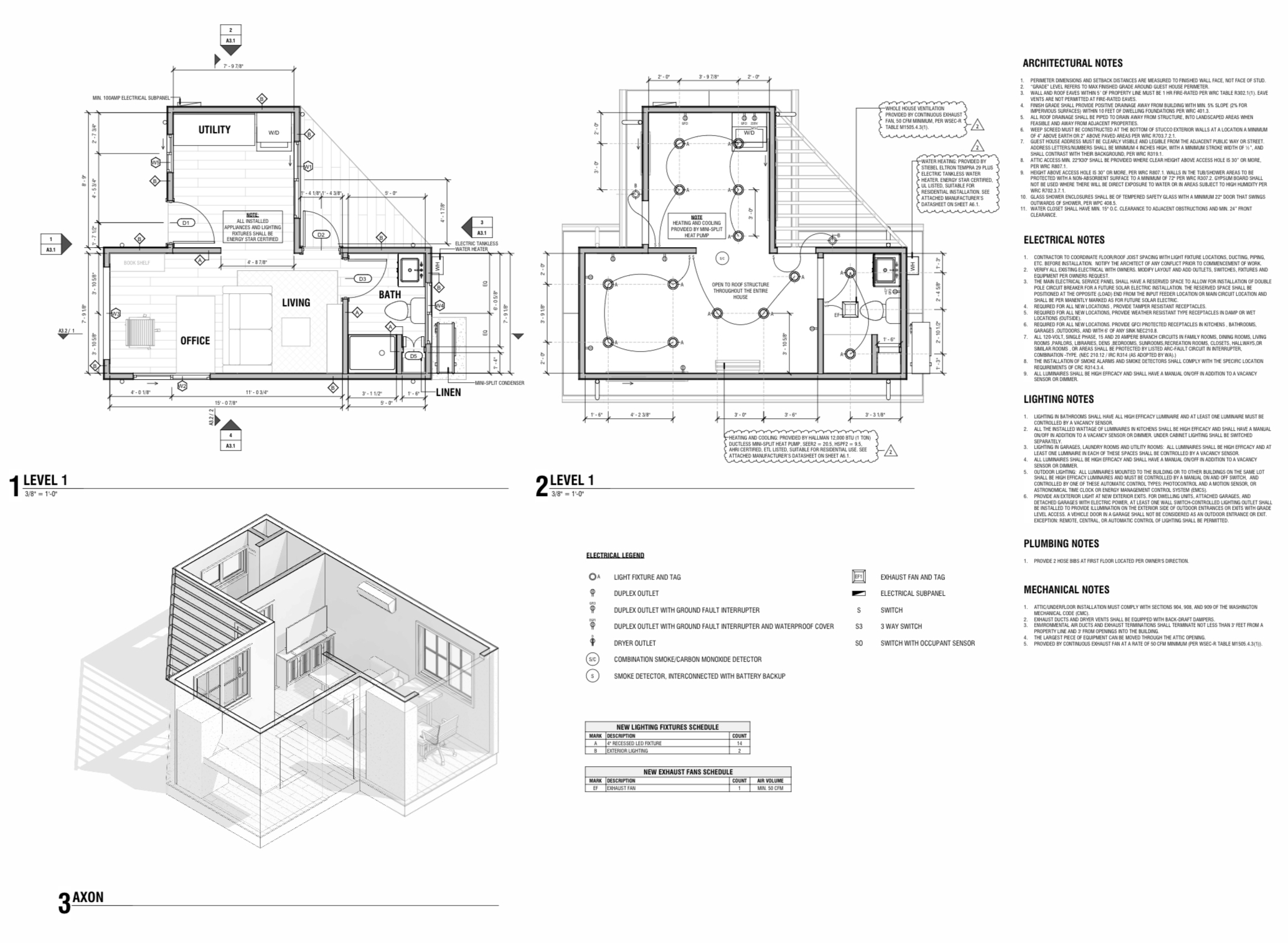 Floor plan and axonometric view of 262 sq ft tiny house ADU showing living area, office, bathroom, and utility room