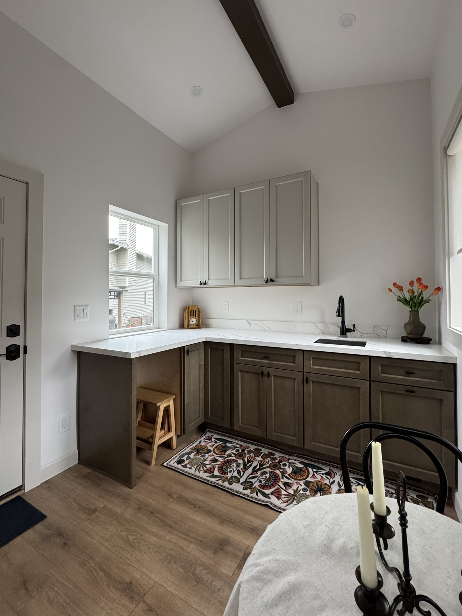 Compact kitchen inside the completed 262 sqft tiny house ADU in Kent, WA