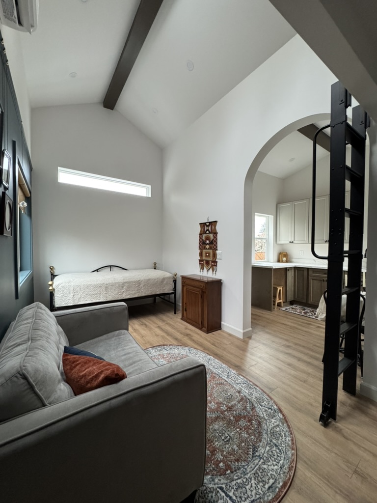 Living area and kitchen of the 262 sqft tiny house ADU in Kent, WA with a ladder leading up to the loft