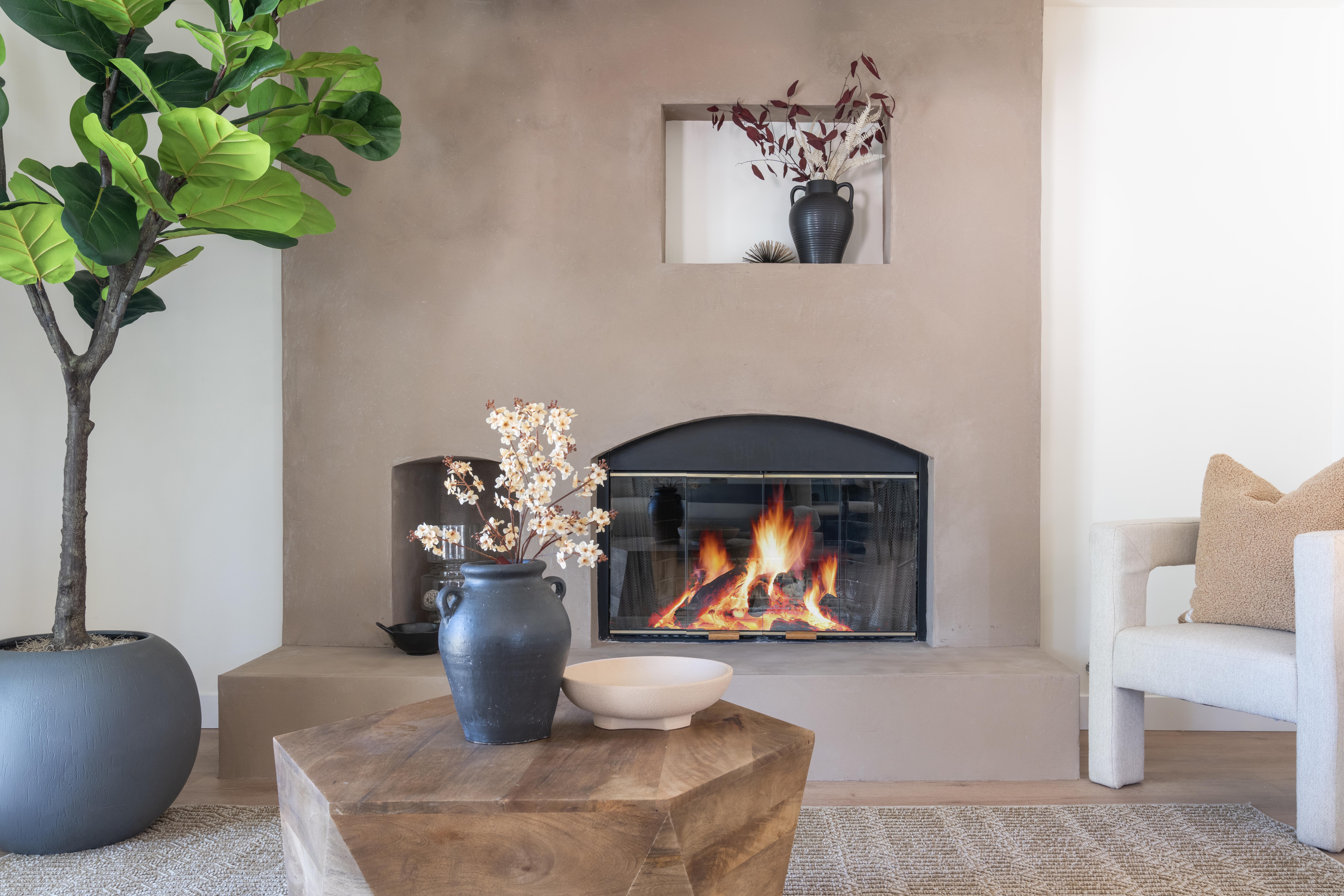 Modern stucco fireplace detail with decorative vase and fiddle leaf fig tree in ADU living room