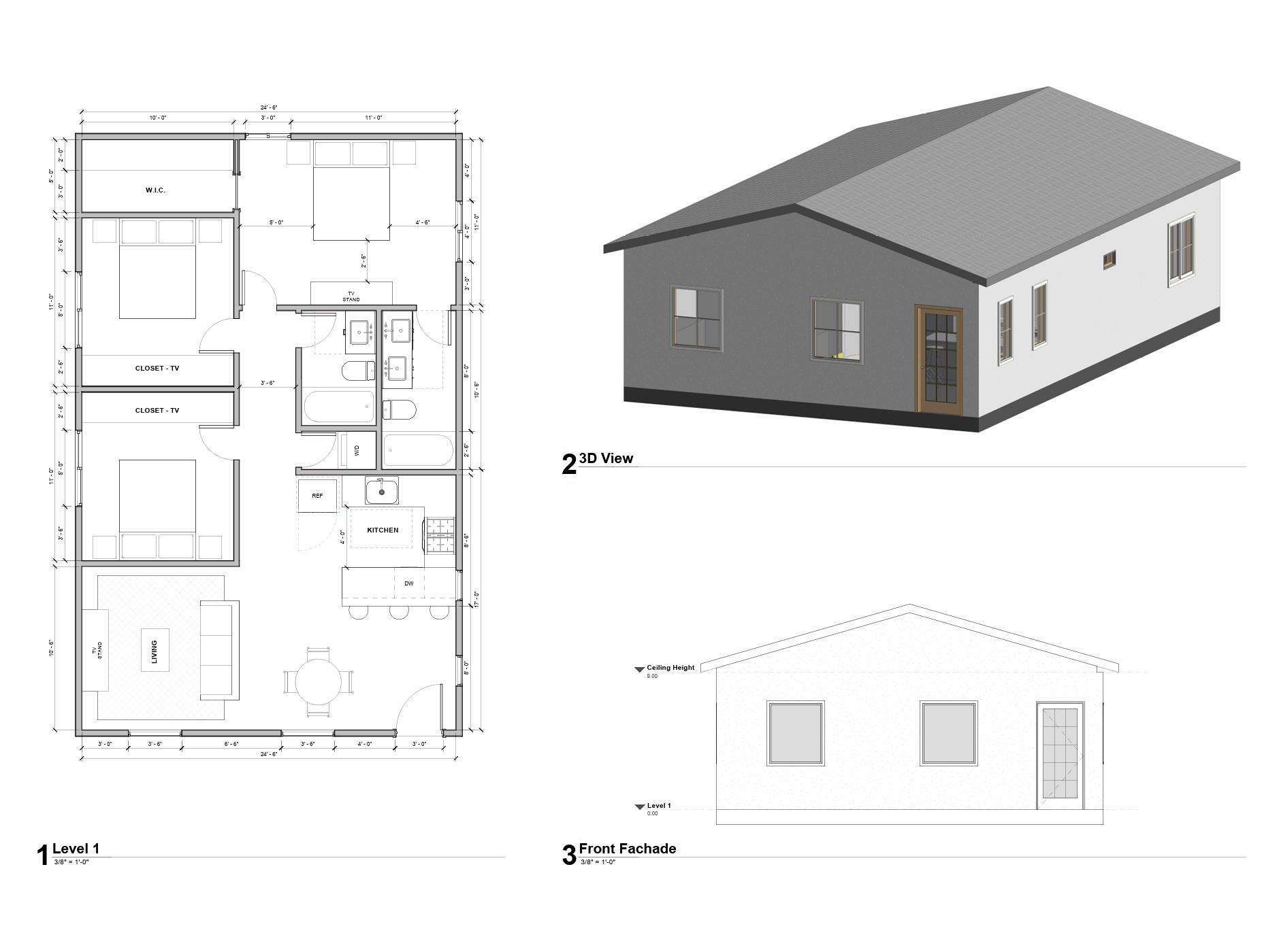 Malibu ADU overview - floor plan, 3D view, and front facade view 3