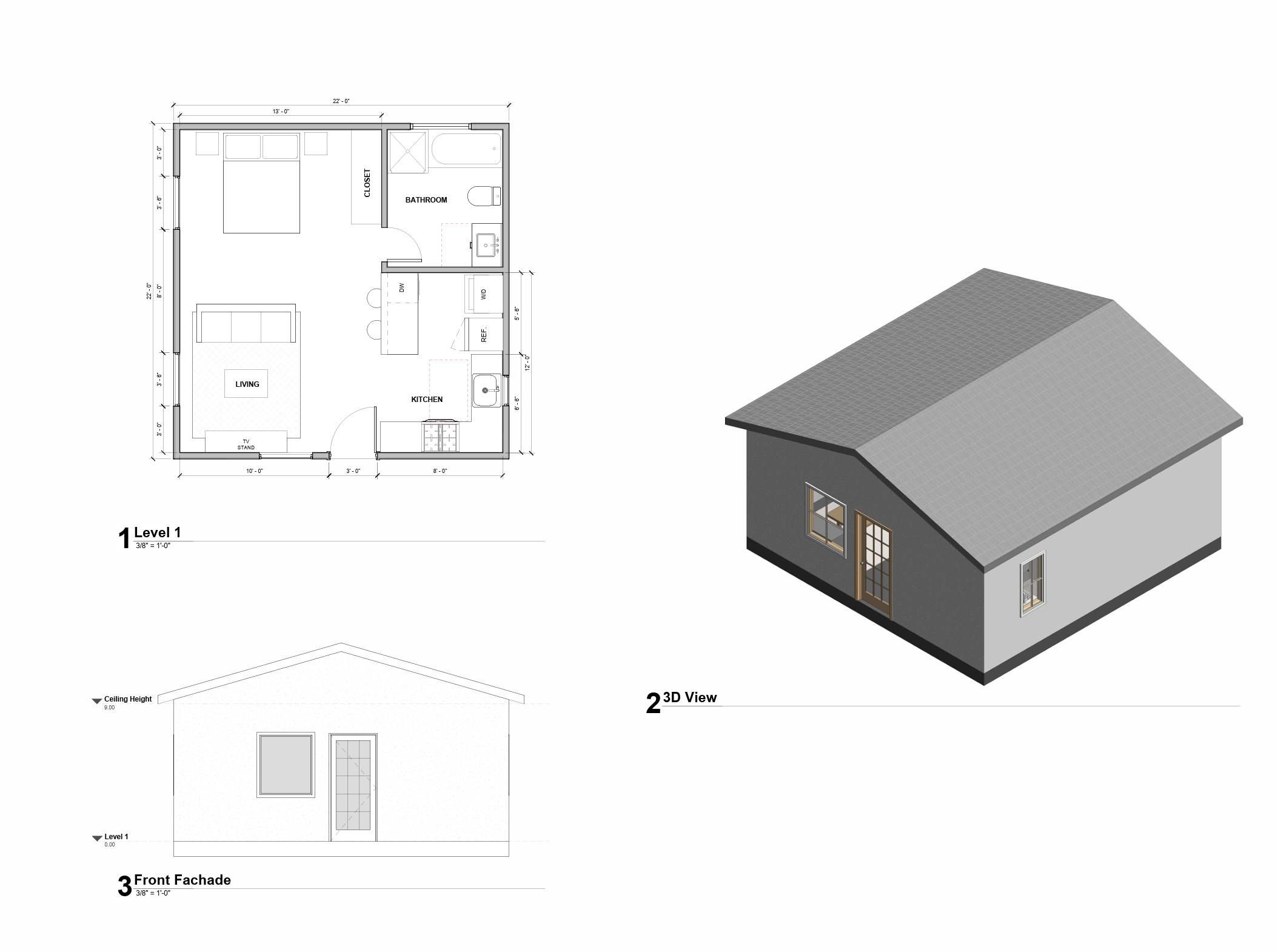 Marina ADU overview - floor plan, 3D view, and front facade view 3