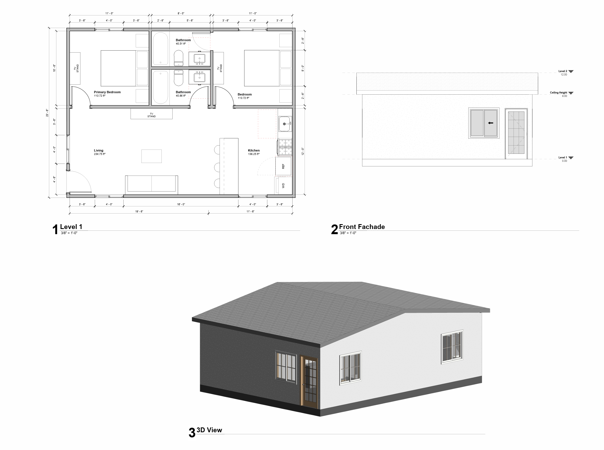 Monterey ADU overview - floor plan, front facade, and 3D view view 3