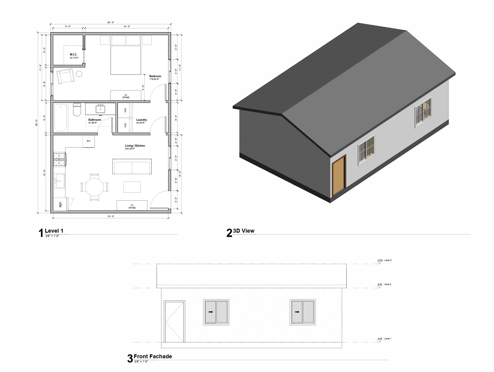 Topanga ADU overview - floor plan, 3D view, and front facade view 3