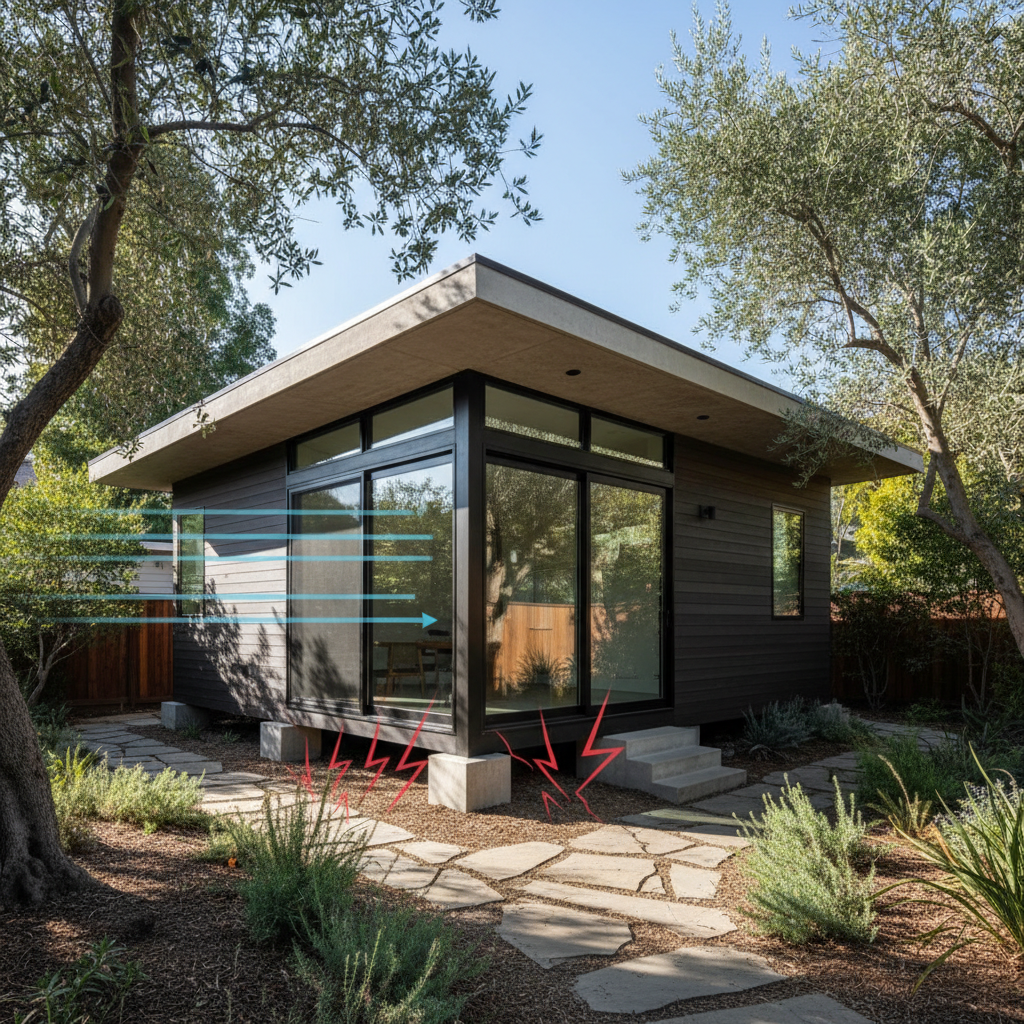 ADU Structural Engineering: Dead Load vs. Live Load Explained — A photorealistic architectural rendering of a contemporary ADU in a California backyard. Subtle,