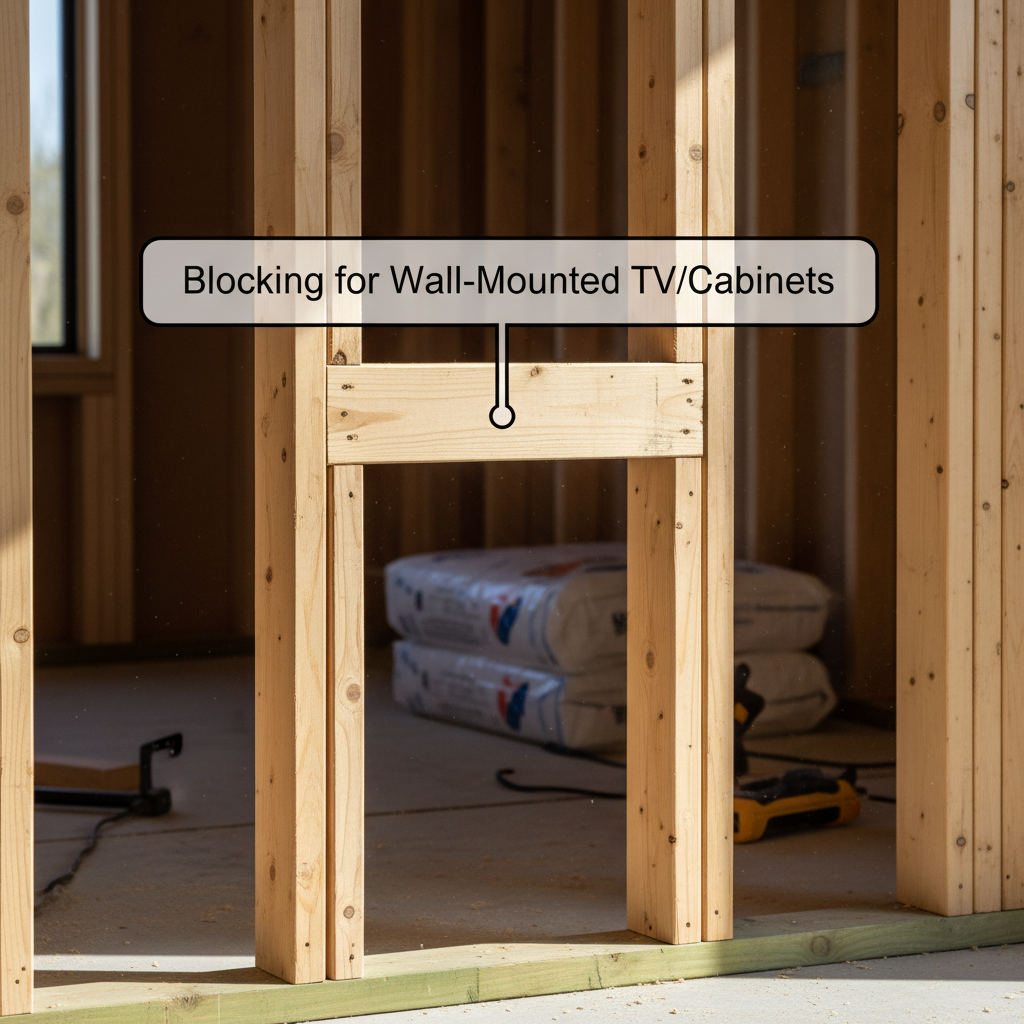 Essential Blocking in ADU Wall Framing: What & Why It's Needed β A clear, photorealistic image of an ADU wall section during framing, showing horizontal wooden
