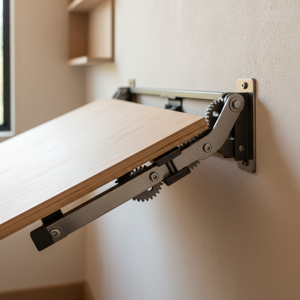What Is a Fold-Down Table for Your Small ADU Dining Area? — A close-up shot showing the sturdy hinge mechanism of a wall-mounted fold-down table in an ADU. The