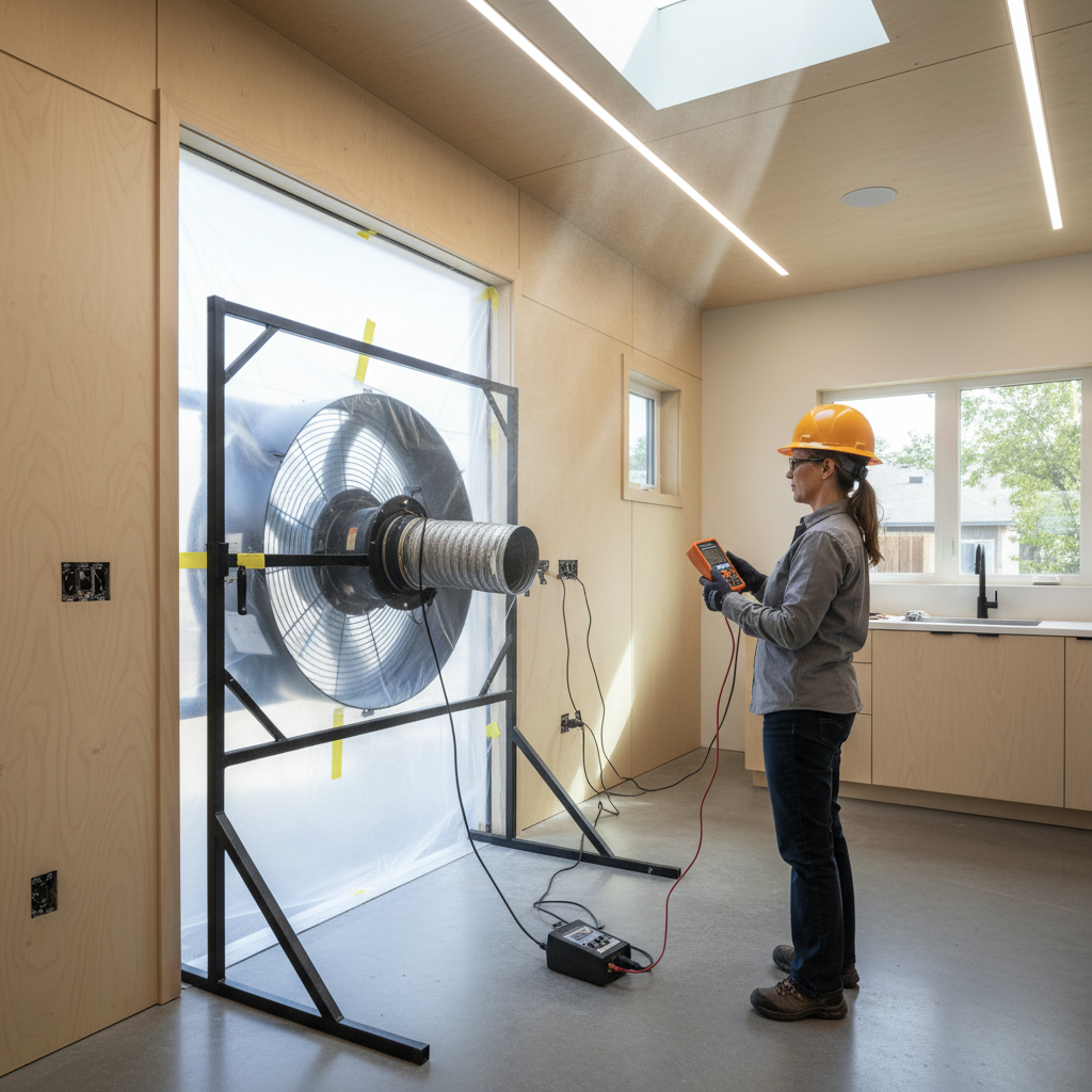 Title 24 Compliance Report for Your ADU: What You Need to Know — A HERS rater performing a blower door test on an ADU, with a large fan mounted in the doorway a