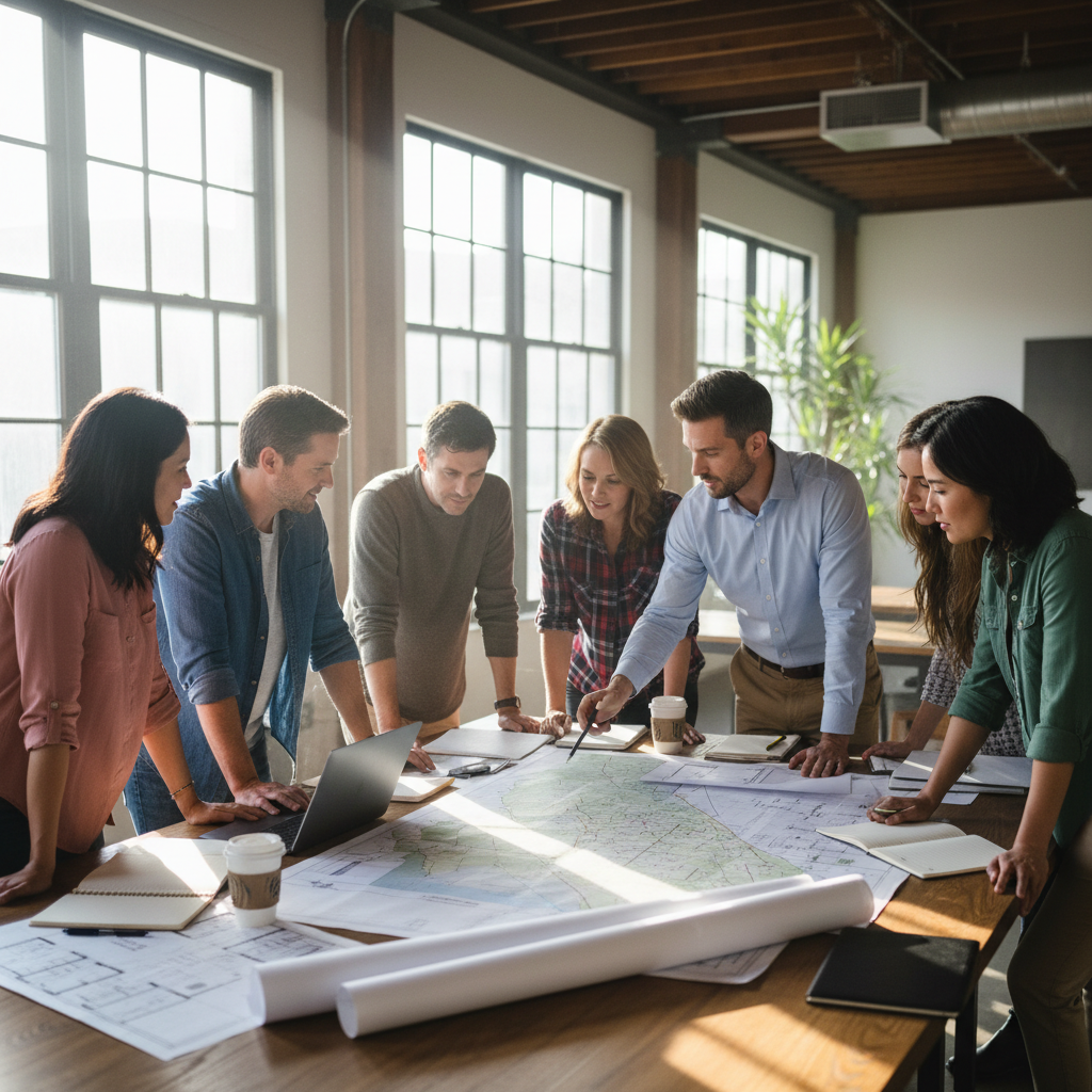 How ADU Permit Process Differs Across LA County Cities — A diverse group of homeowners gathered around a large table, looking at architectural plans for various