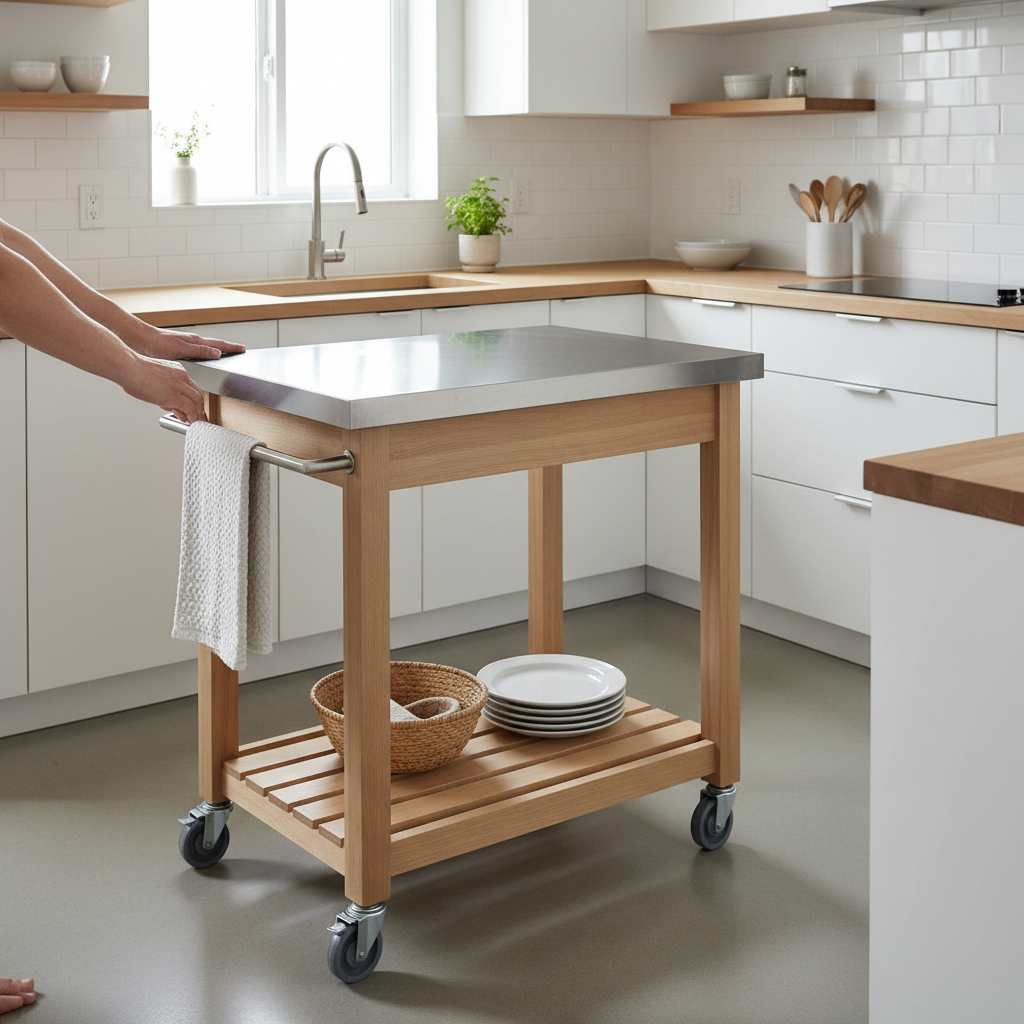 What Is a Kitchen Island and When Is One Practical in an ADU — A small, mobile kitchen island cart with wheels positioned in a tiny ADU kitchen. The cart has a
