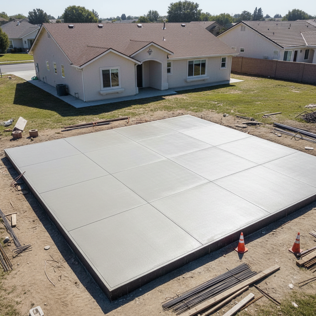 ADU Expansion Joints: What They Are & When They're Required — An aerial view of an ADU construction site, showing a newly poured concrete slab with visible expa