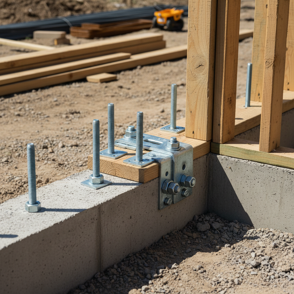 Photorealistic close-up shot of a concrete foundation with steel anchor bolts embedded in the concrete. Wood framing sits on top of the foundation with metal br