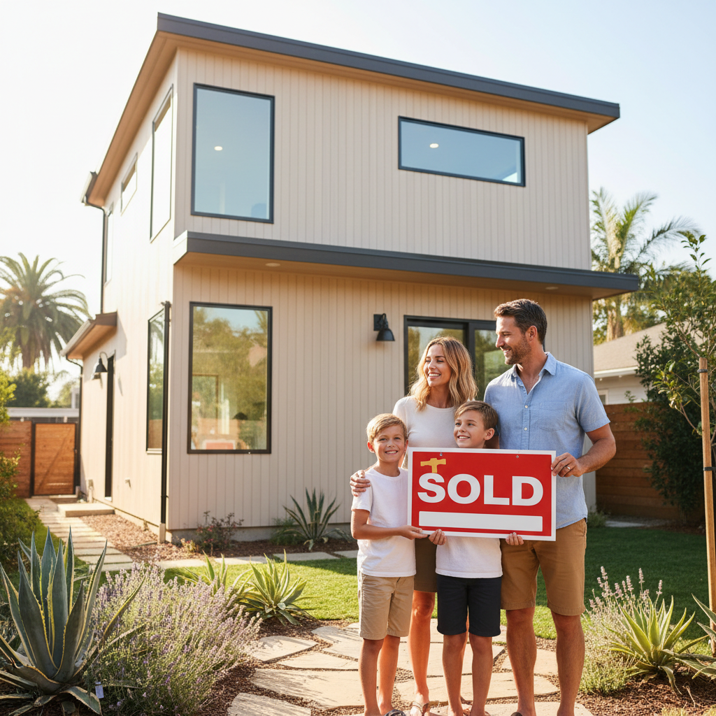 Selling Your Home with an Unpermitted ADU in California? — A happy family (parents and a child) standing in the backyard, proudly looking at a newly completed a