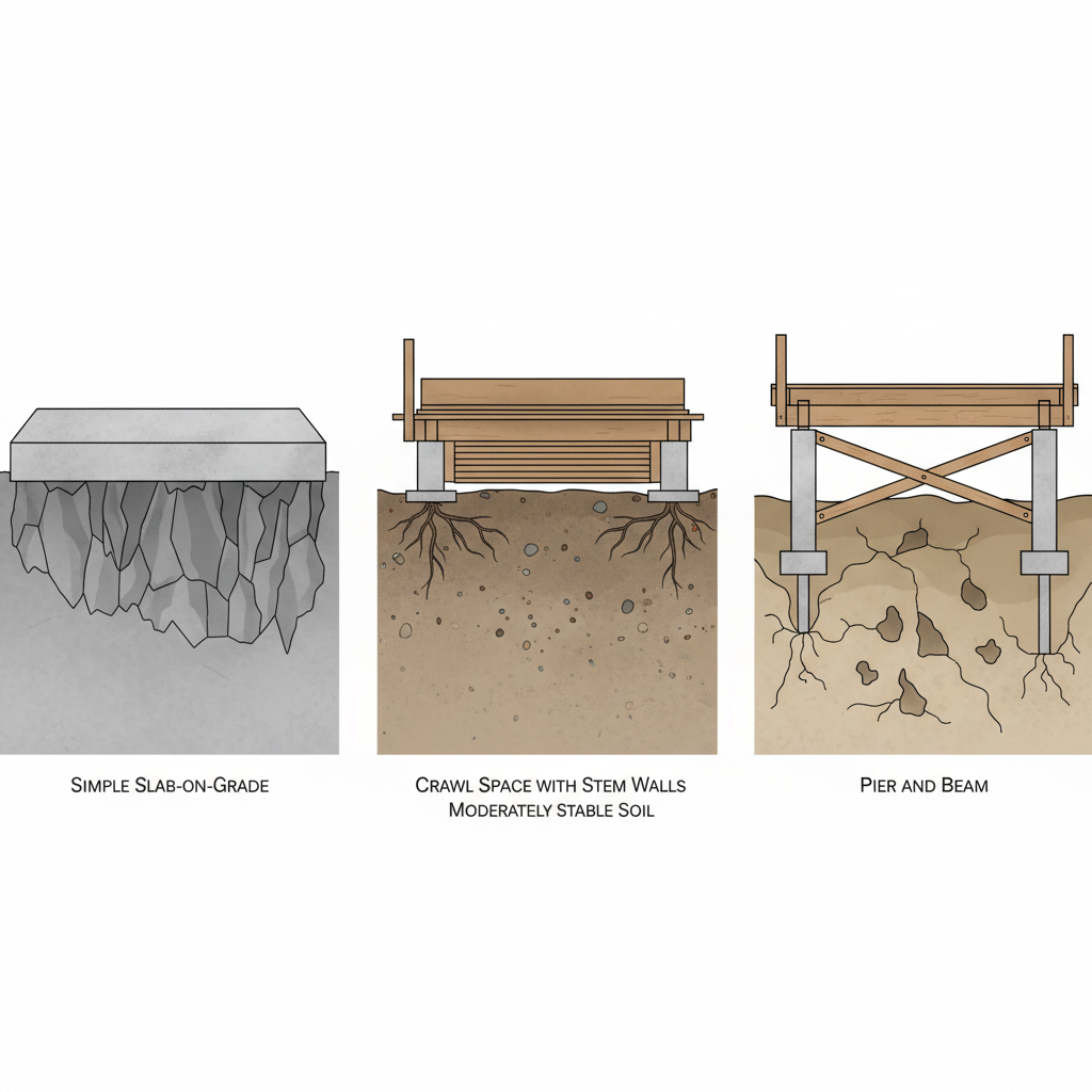What Is Soil Bearing Capacity & How It Affects ADU Foundations — An illustrative diagram comparing three distinct ADU foundation types: a simple slab-on-grade,