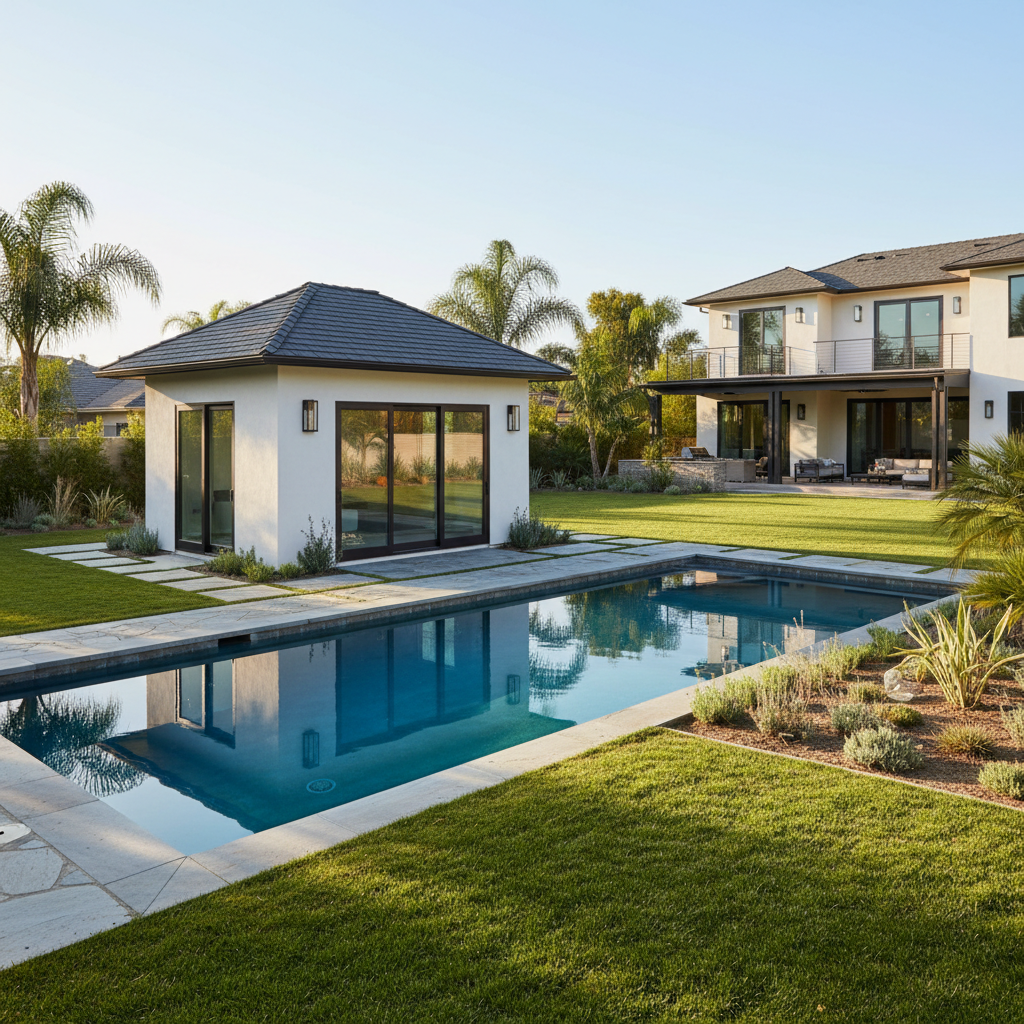 Photorealistic image of a standalone pool house in a sunny backyard. The pool house is a small single-story structure with a pitched roof, located next to a swi