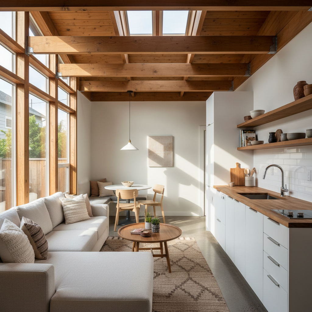 Converting Your Detached Workshop or Storage Building into an ADU — Interior shot of a converted ADU, showcasing a bright, open living space with high ceilings