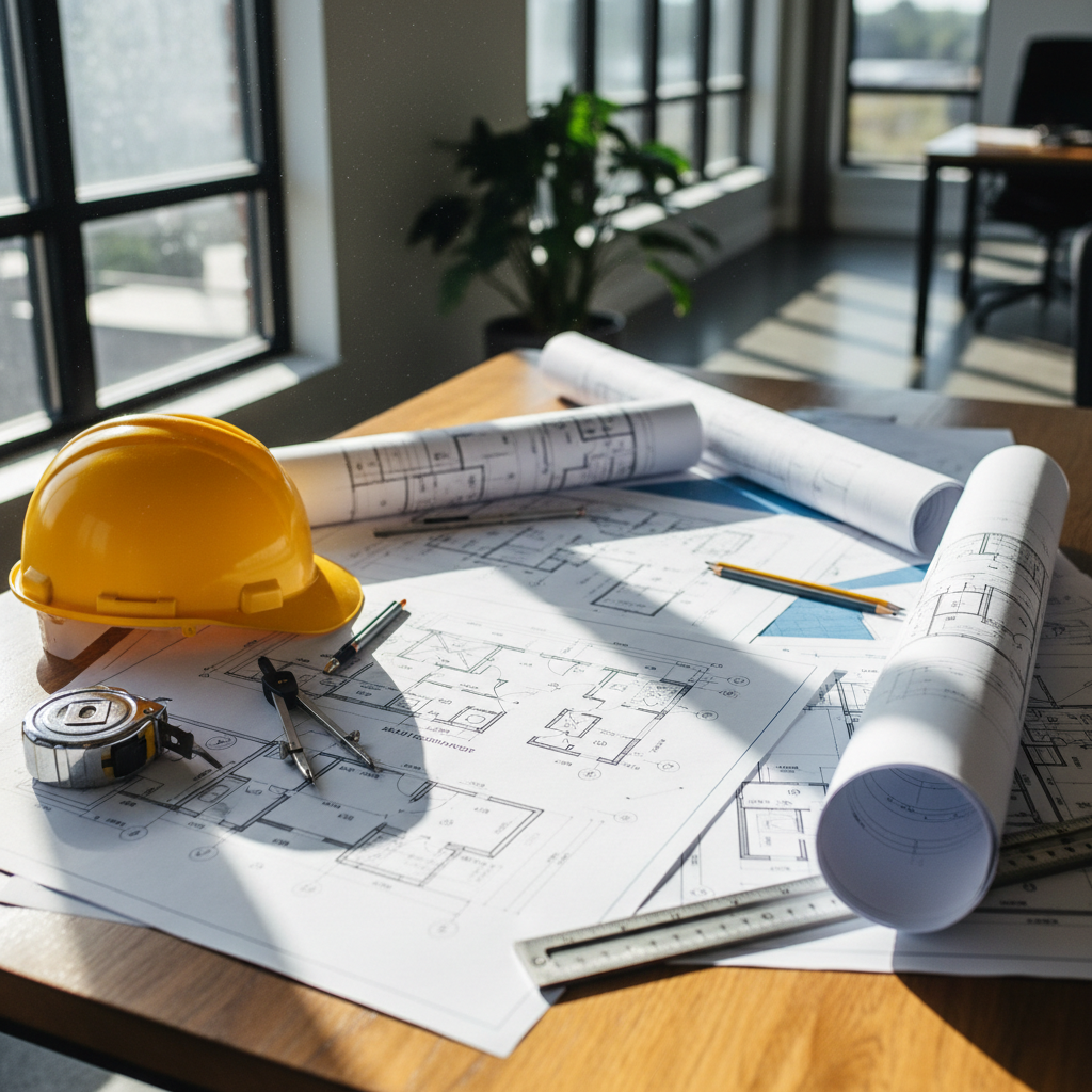 Building an ADU While Your Main Home is Under Construction in California — Photorealistic, detailed close-up of construction plans and blueprints for both a mai