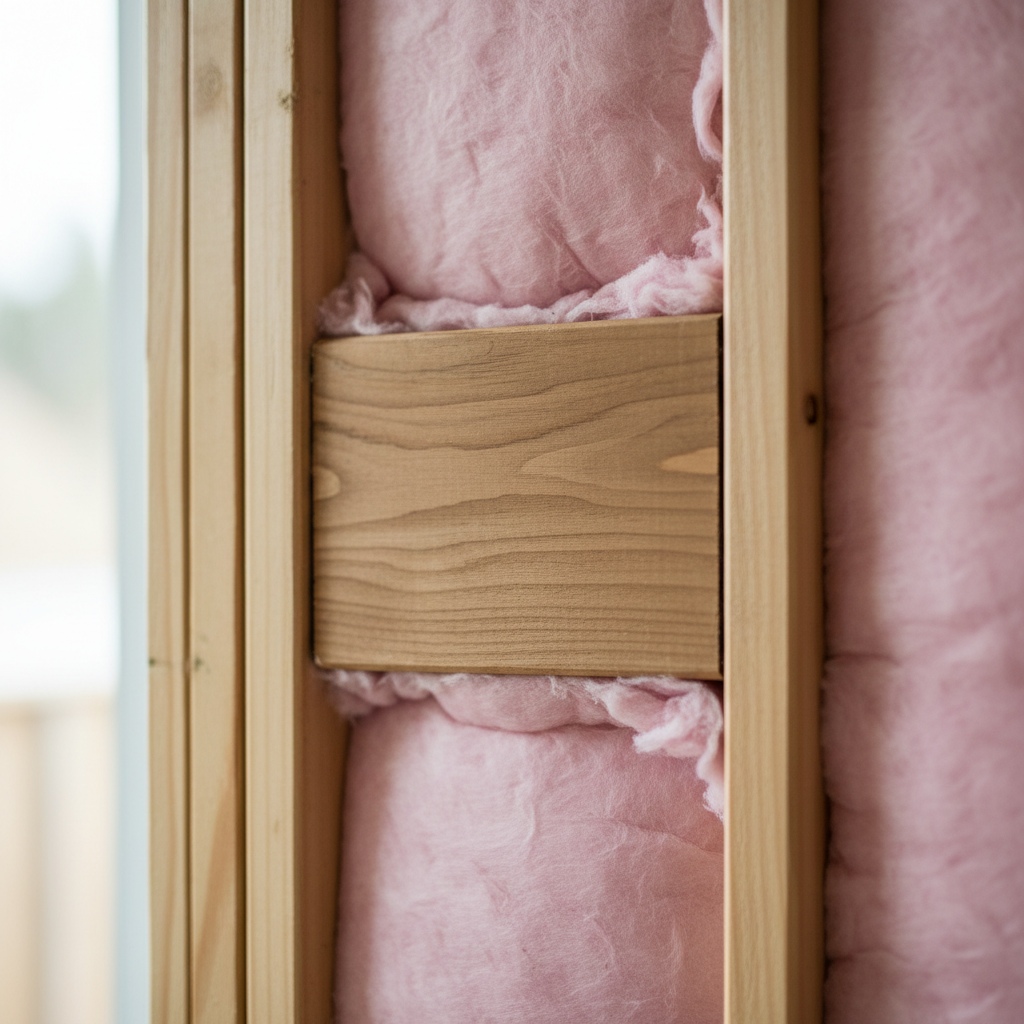 Essential Blocking in ADU Wall Framing: What & Why It's Needed β A cutaway, photorealistic view inside an ADU wall cavity, clearly showcasing a section of solid