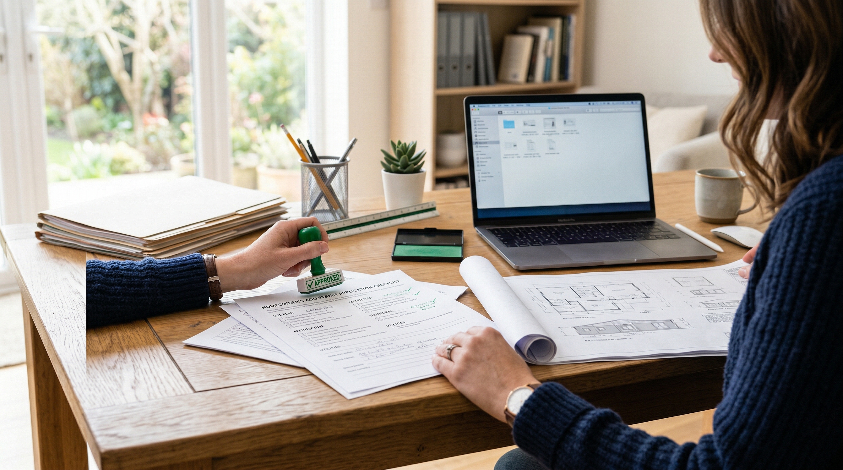 ADU permit application checklist with approval stamp