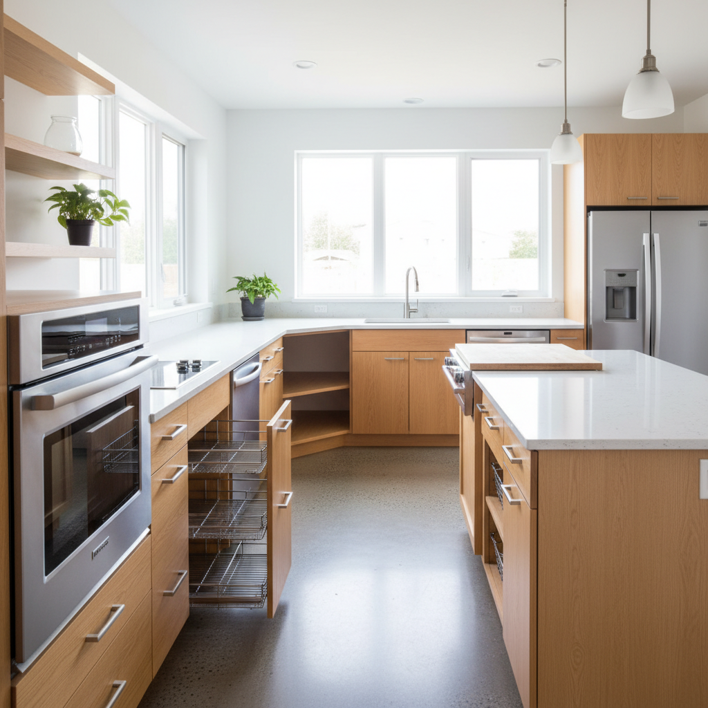 Designing an ADU for an Aging Parent: Essential Features — A bright, open-concept ADU kitchen designed for accessibility. It features varied countertop heights,