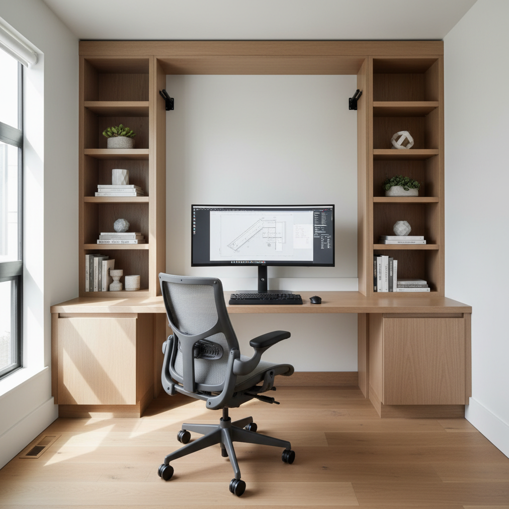 Murphy Beds for ADUs: Maximizing Space in Your Backyard Home — A modern ADU room featuring a Murphy bed integrated with a home office setup. The bed is folded u