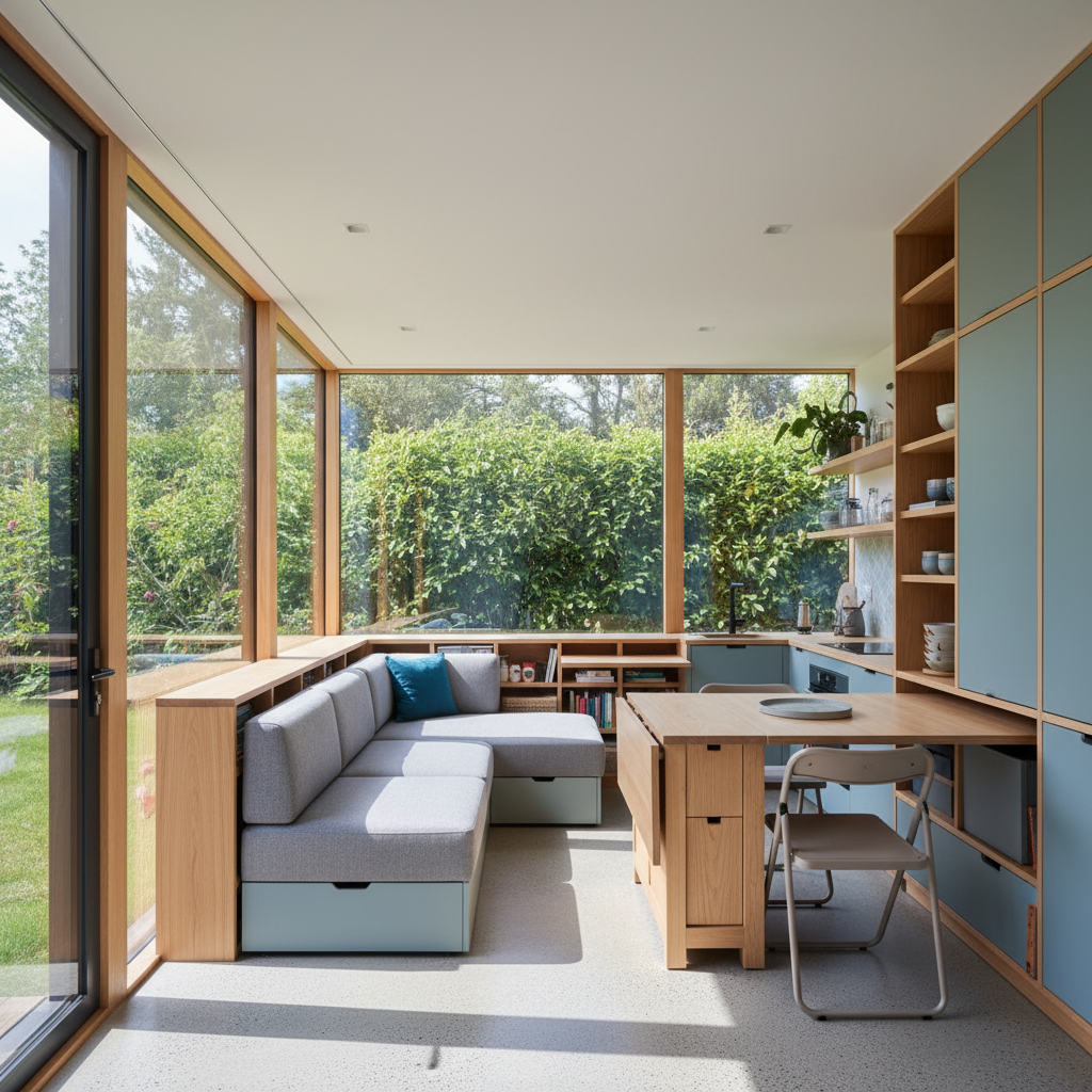 ADU Setbacks: Unlocking Your California Backyard's Potential — An architectural rendering showcasing the interior of a cleverly designed, compact ADU living spa