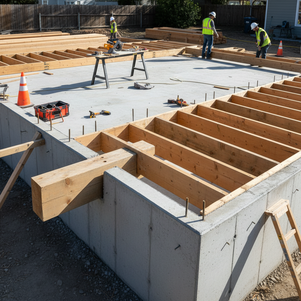 Beam Pockets in ADU Construction: Detailing Explained — An ADU under construction with a visible concrete foundation and floor joists being installed. One secti
