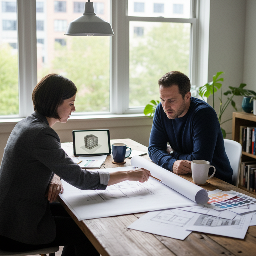 What Are As-Built Plans and Why Your Garage Conversion Needs Them — A photorealistic scene showing an architect or designer collaborating with a homeowner at a