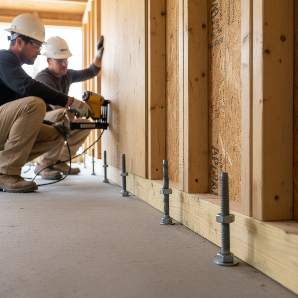 What Is a Cripple Wall and Why It Matters for ADU Seismic Safety in California — A close-up, photorealistic image of a construction site showing workers install