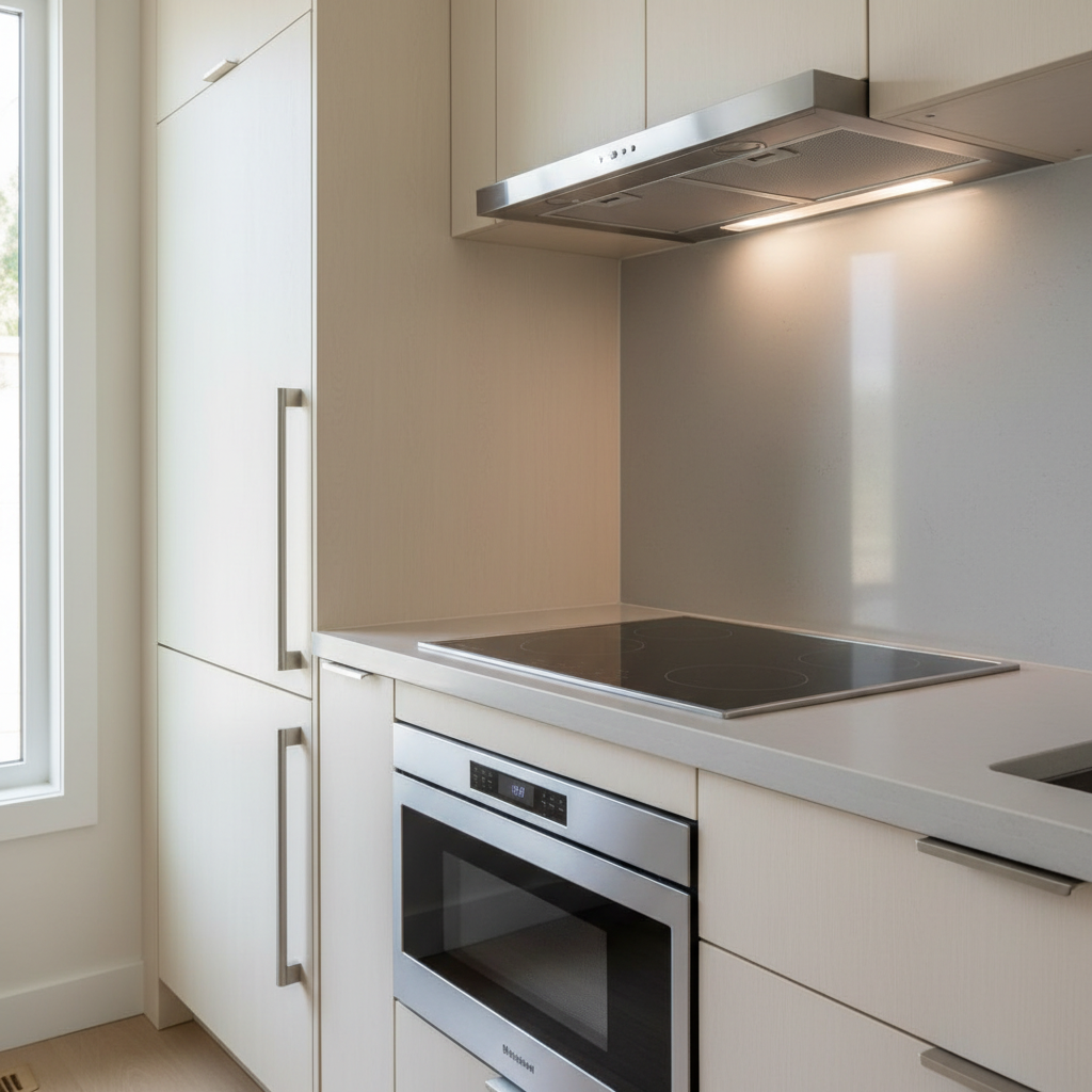 Galley Kitchens for ADUs: Space-Saving & Stylish — A close-up of a modern, compact appliance setup in an ADU galley kitchen, showing an integrated slim refriger