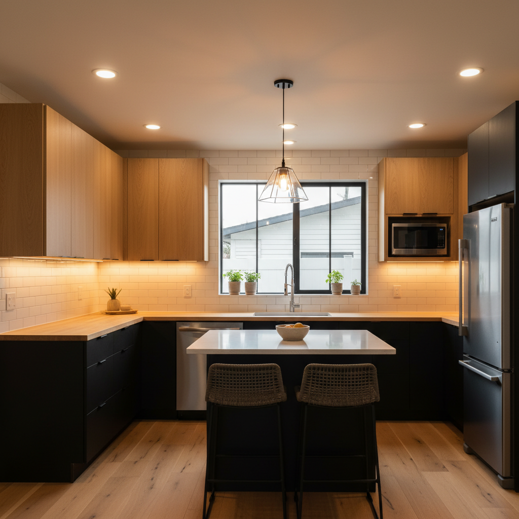 ADU Lighting Design: Plan Before Drawings Go to the City — Photorealistic, detailed shot of a modern ADU kitchen with excellent task lighting under cabinets, br