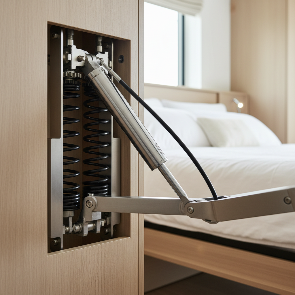 Murphy Beds for ADUs: Maximizing Space in Your Backyard Home — A close-up, photorealistic image of a Murphy bed's sophisticated piston or spring mechanism, clea