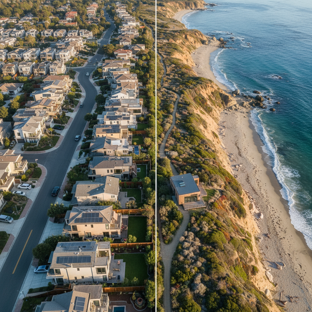 How the California Coastal Commission Affects ADU Projects and What to Expect — An overhead drone shot showing the clear boundary of a California Coastal Zone,