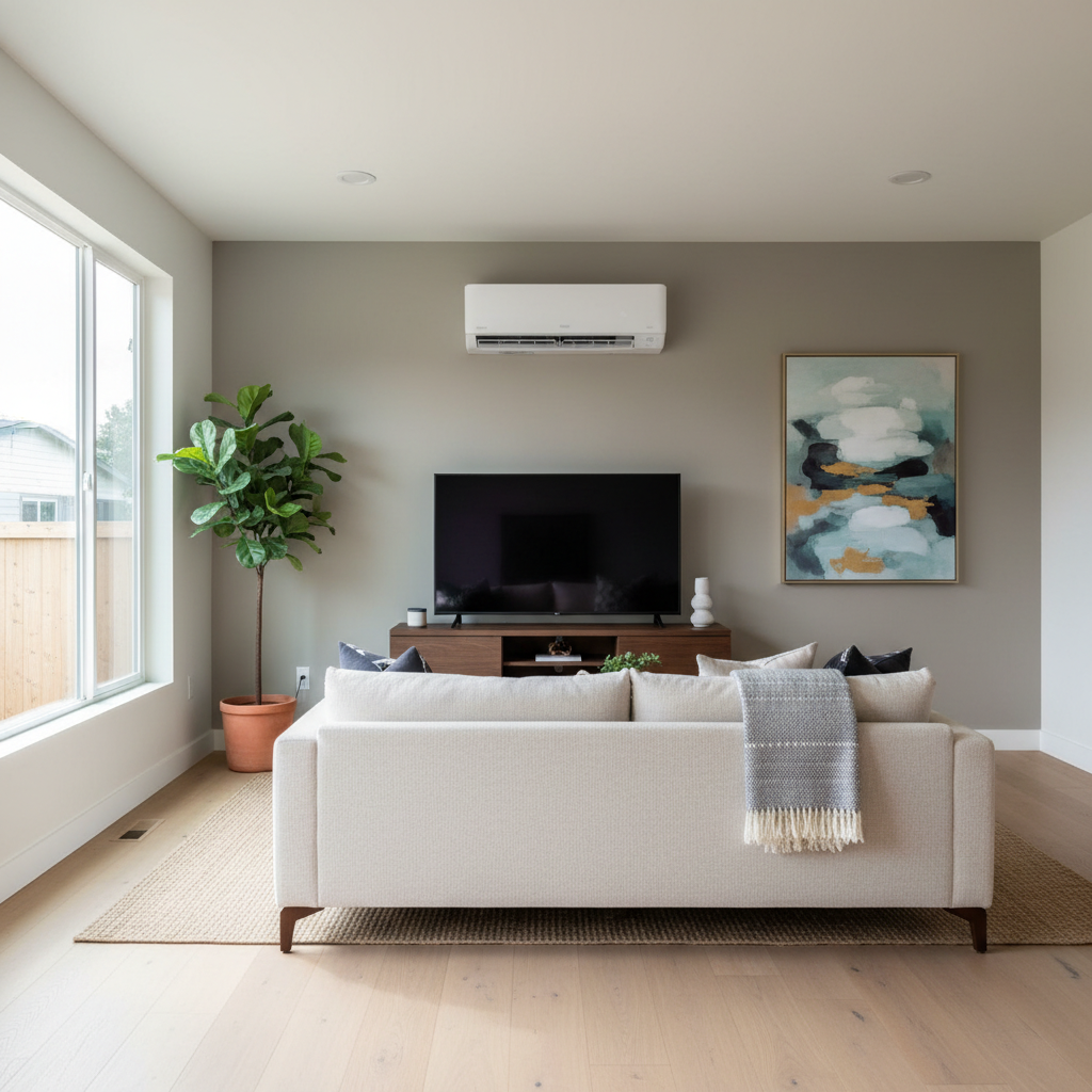 Why Most ADUs Use a Mini-Split System and How It Works — An interior shot of a stylish ADU living space featuring a discreet, wall-mounted indoor mini-split uni