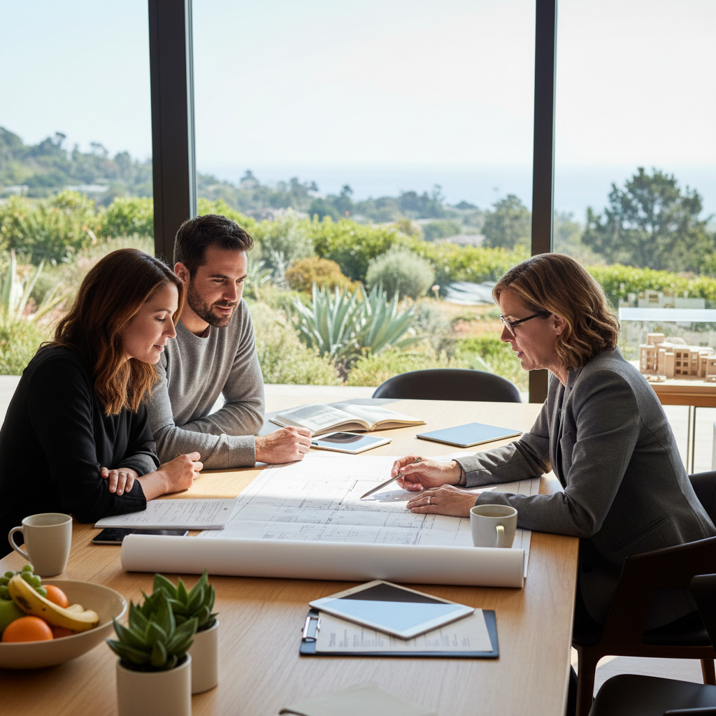 Deed Restrictions & Your ADU in California: What to Know — A couple in a modern California home discussing ADU plans with an architect. They are seated around a