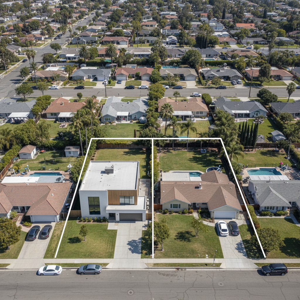 California's SB 9: Unlocking Housing Potential — An aerial view of a suburban California neighborhood with a single-family home lot clearly demarcated by a dott