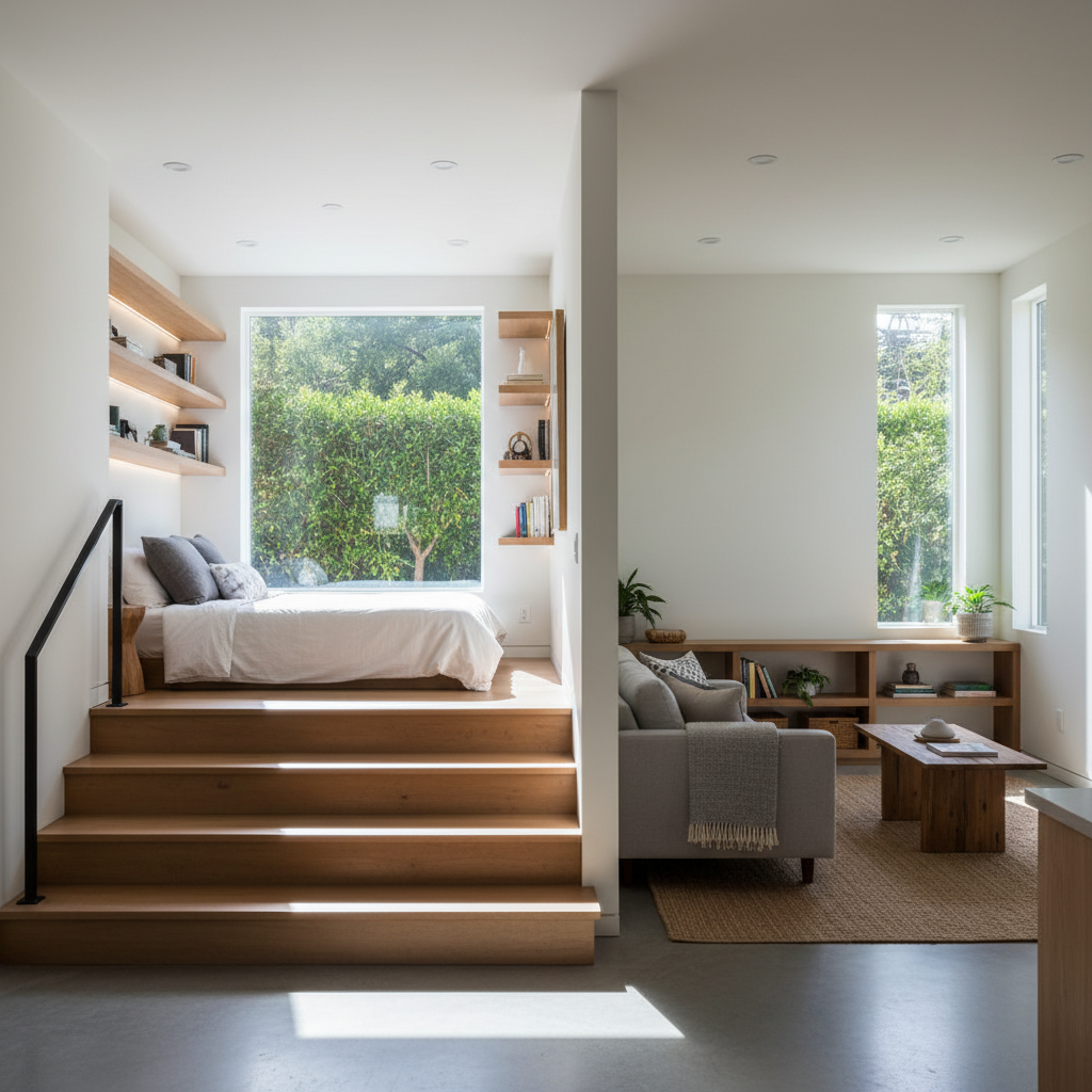 Split-Level ADU Floor Plan: Is It Right for Your Backyard Home? — An interior shot of a split-level ADU's main living area. A few steps lead up to a private sle
