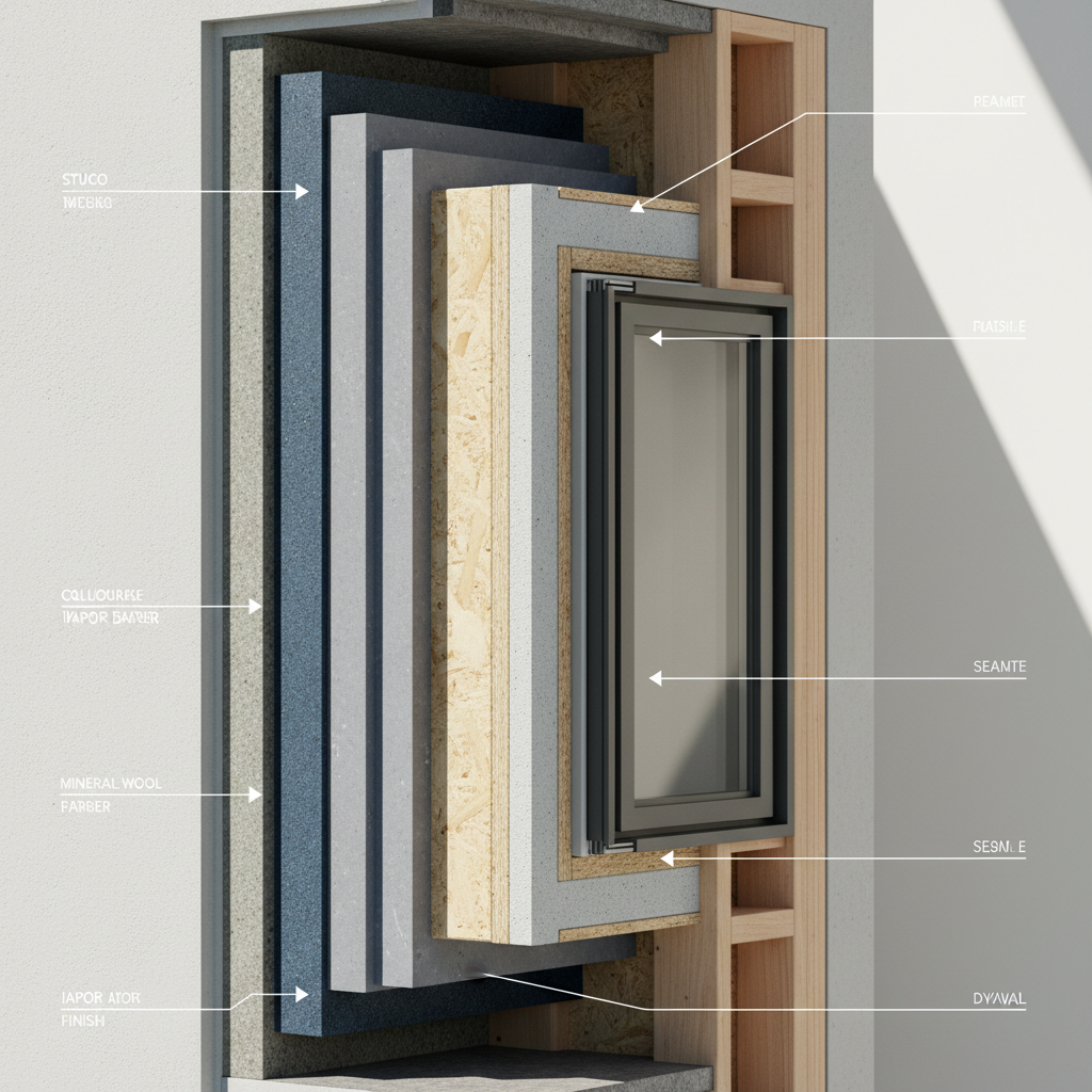 Title 24 Compliance Report for Your ADU: What You Need to Know — An intricate cross-section diagram of an ADU wall, clearly labeling layers of insulation, vapor