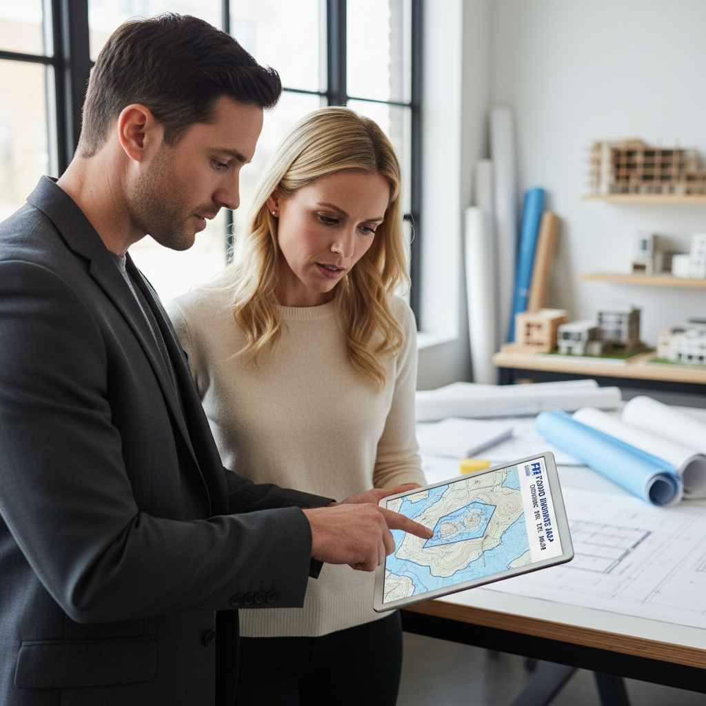 ADU in a Flood Zone: What California Homeowners Need to Know — A homeowner and an architect reviewing a FEMA flood map on a tablet, pointing to a specific prope
