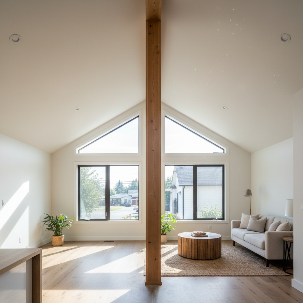 Ridge Board vs. Ridge Beam: Essential ADU Roof Framing Guide — A detailed, photorealistic interior view of an ADU with a high, vaulted ceiling, showcasing a pro