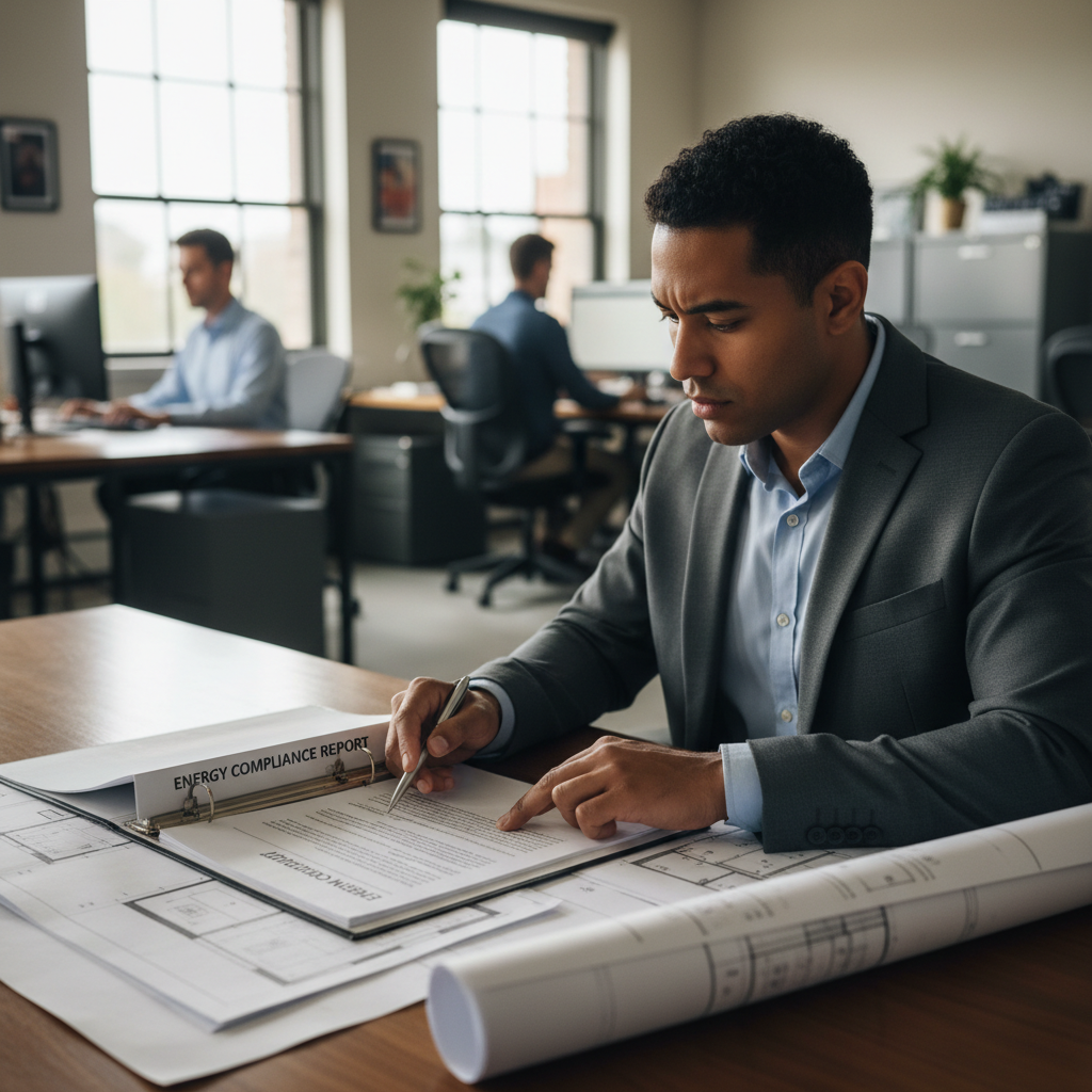 ADU Energy Compliance Report: What It Is & When to Submit — A professional-looking city planner or building official (diverse ethnicity) reviewing a set of ADU