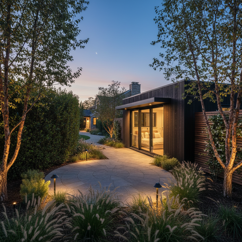 ADU Landscaping & Site Restoration: A Guide to Your Yard After Construction — A serene evening shot of a modern ADU with subtle landscape lighting illuminating