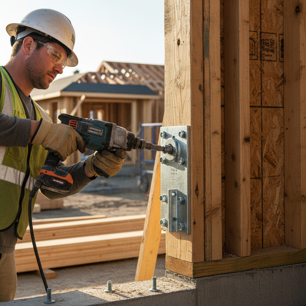 Through-Bolt Connections: The Unsung Heroes of ADU Strength — A photorealistic image of an ADU construction site, focusing on a shear wall connection. A worker